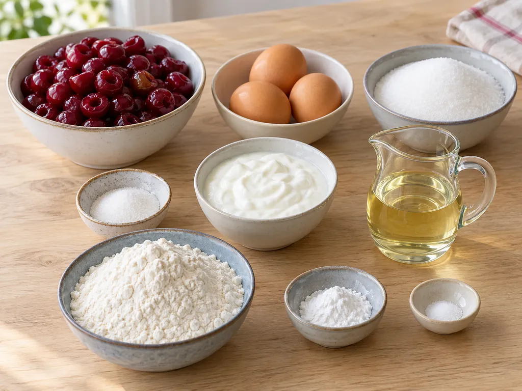Cseresznye, tojás, joghurt, olaj, liszt és a kevert süti további hozzávalói külön tálakban