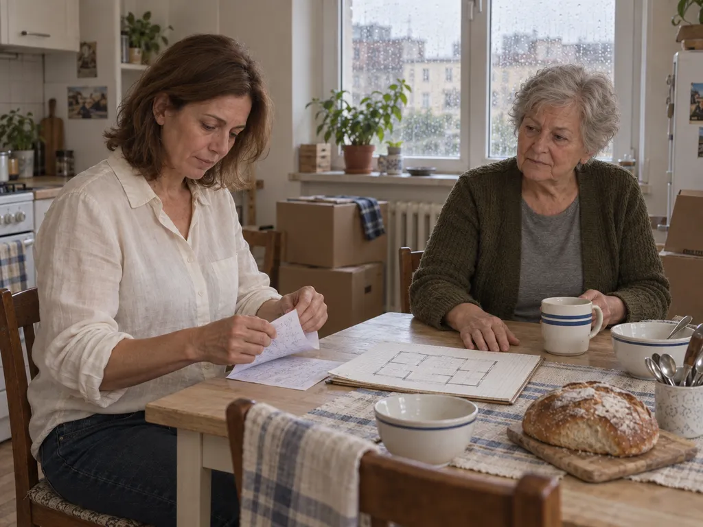 Eszter összehajtja a számításait, Ilona vele szemben ül a régi konyhaasztalnál.