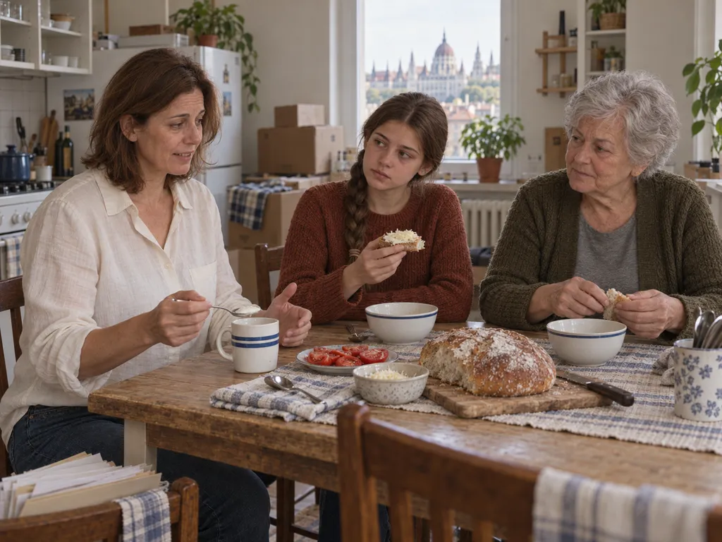 A három nemzedék vacsorázik: Eszter mesél, Lili sajtos kenyeret eszik, Ilona kenyérhéjat tör.