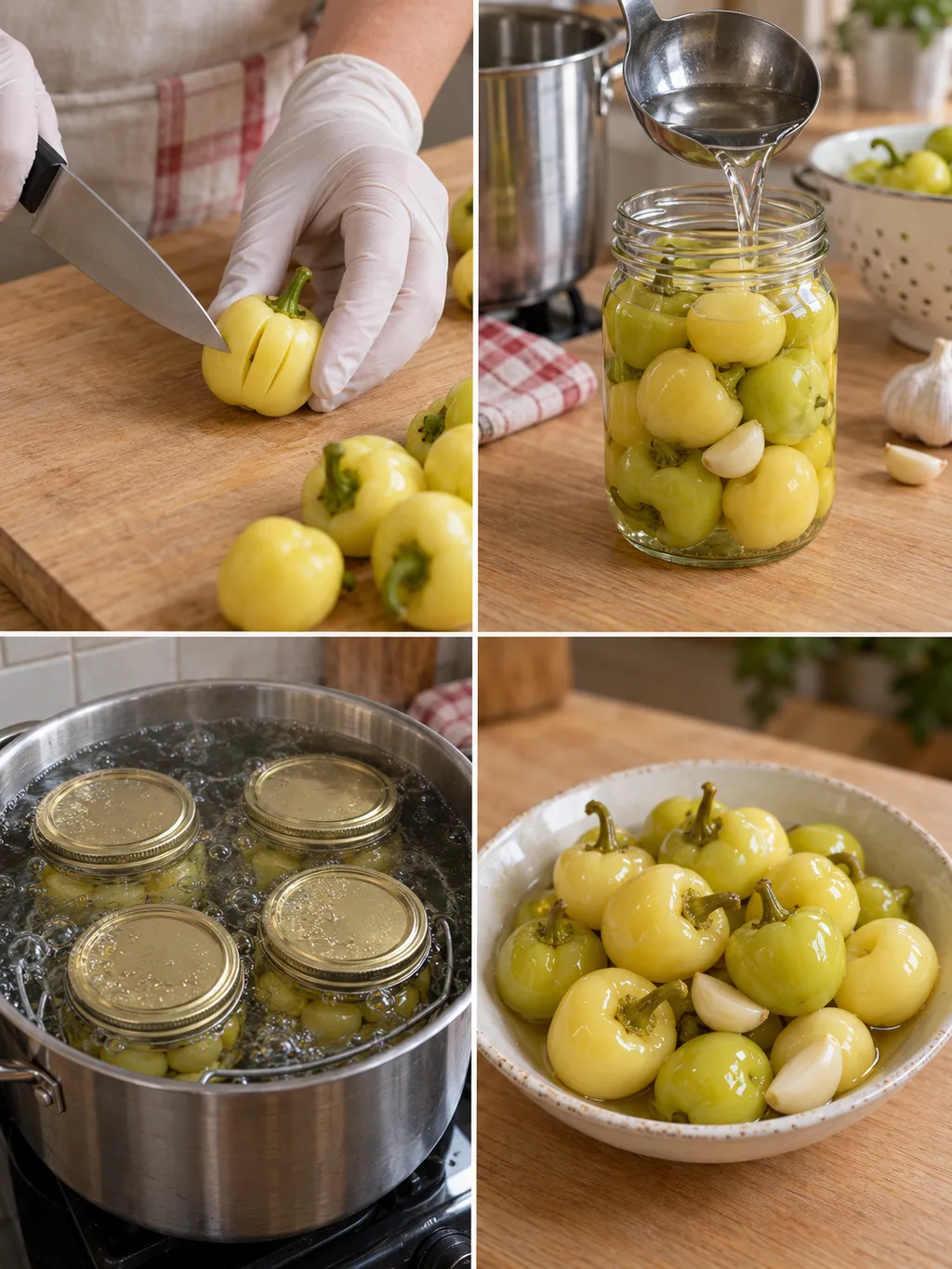 Almapaprika bemetszése, felöntése, vízfürdős hőkezelése és kész savanyúság