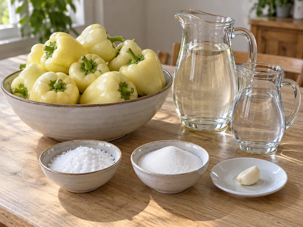Almapaprika, ecet, víz, só, cukor és egy fokhagymagerezd külön elrendezve