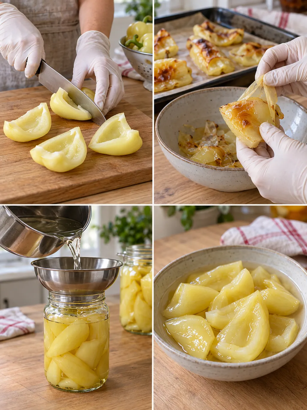 Almapaprika negyedelése, hámozása, felöntése és az elkészült savanyúság