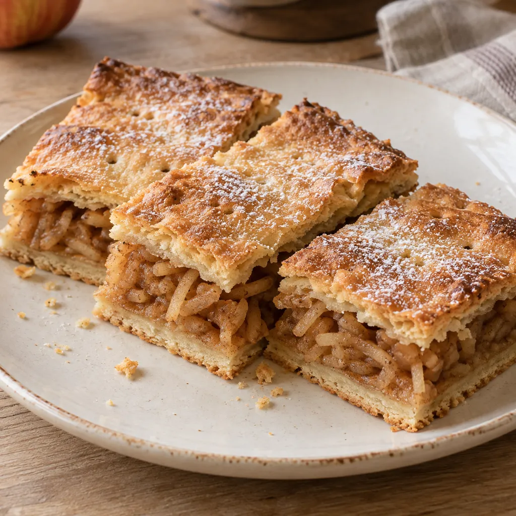 Almás pite aranybarna tésztával, reszelt almatöltelékkel és kevés porcukorral