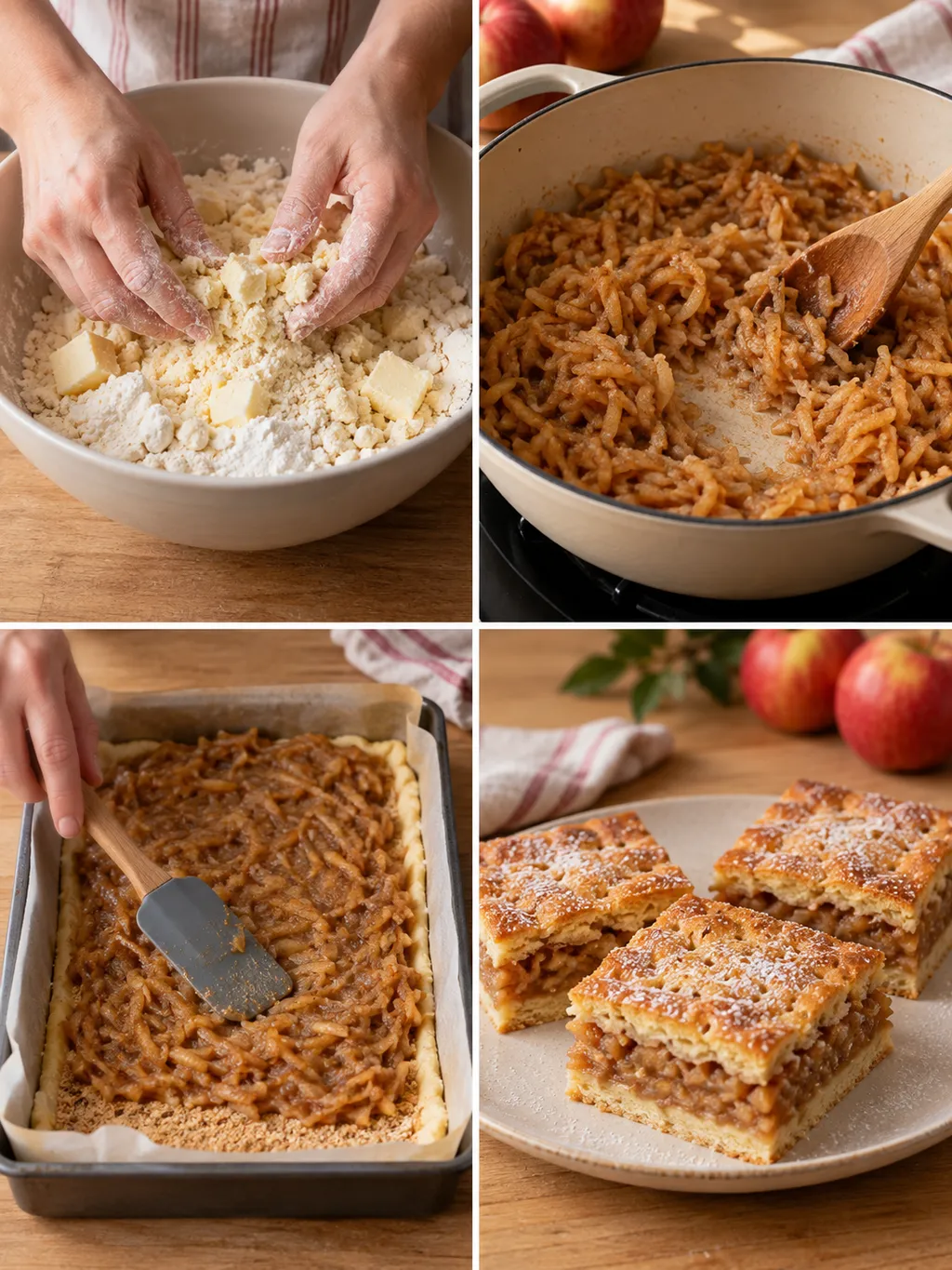 Almás pite készítése a vajas morzsától a töltésen át a kész szeletekig