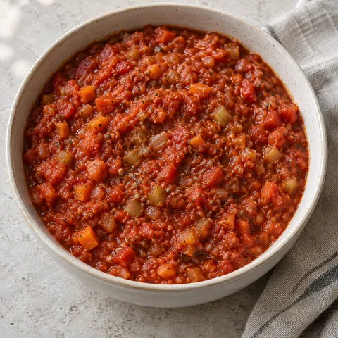 Sűrű paradicsomos bolognai alap apró répa- és zellerdarabokkal
