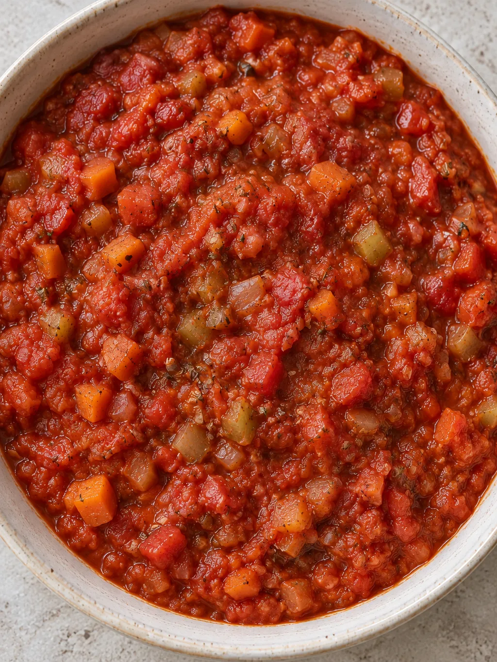 Húsmentes bolognai alap sűrű paradicsomszósszal és apróra főtt zöldségekkel