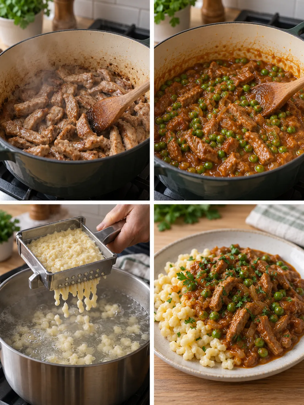 Húspirítás, borsó hozzáadása, nokedliszaggatás és a kész borsós tokány