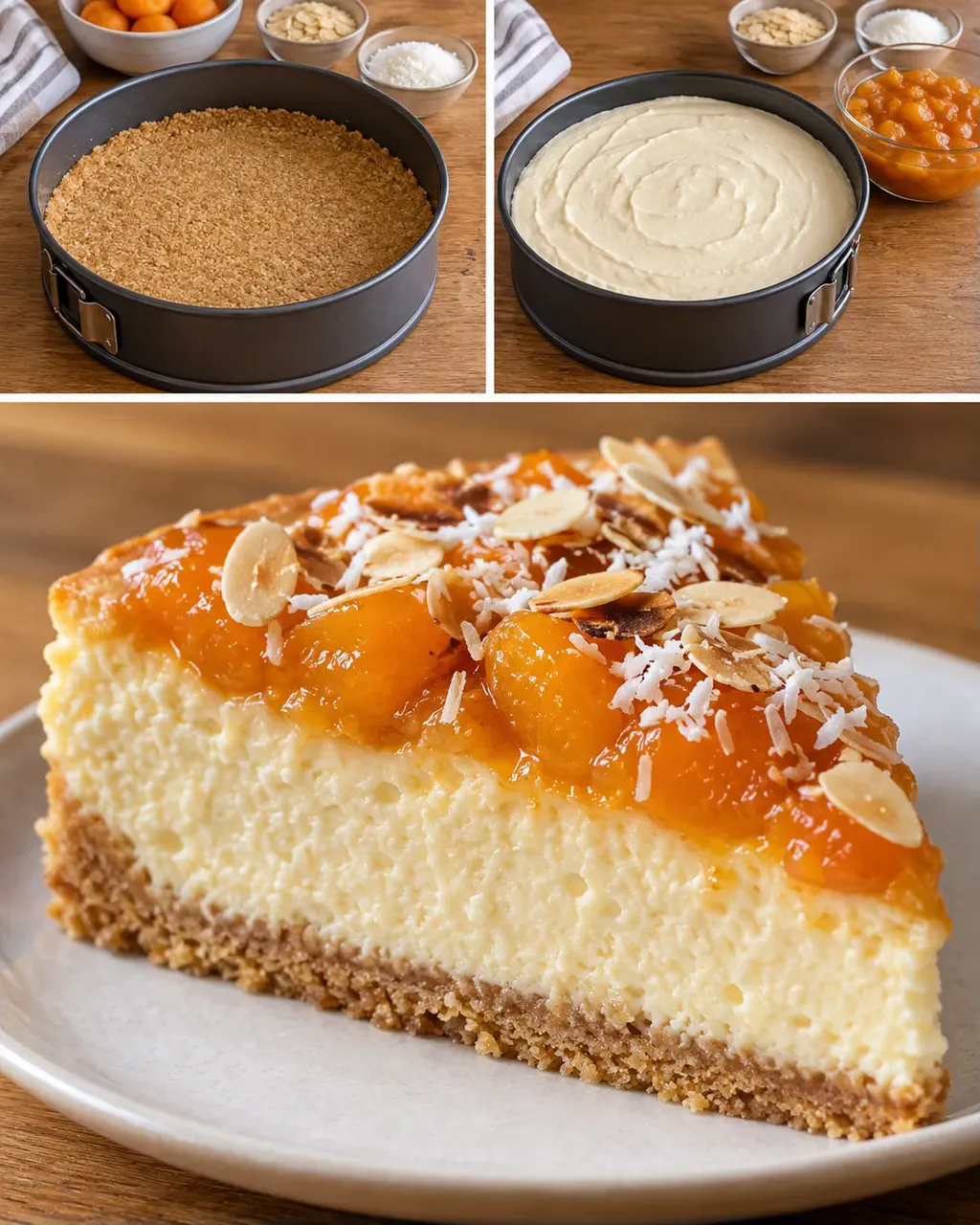 Sült sajttorta sárgabarackkal és mandulával — kókusz