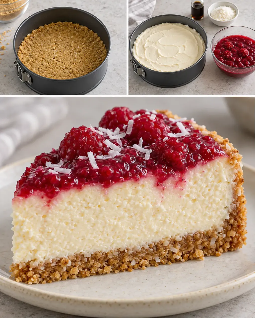 Sült sajttorta málnával és vaníliával — kókusz