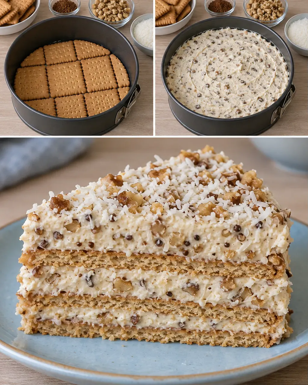 Sütés nélküli keksztorta kávéval és dióval — kókusz