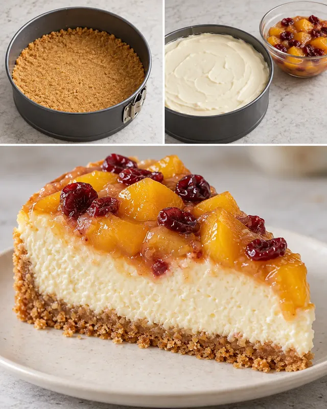 Sült sajttorta őszibarackkal és vaníliával — vörös áfonya