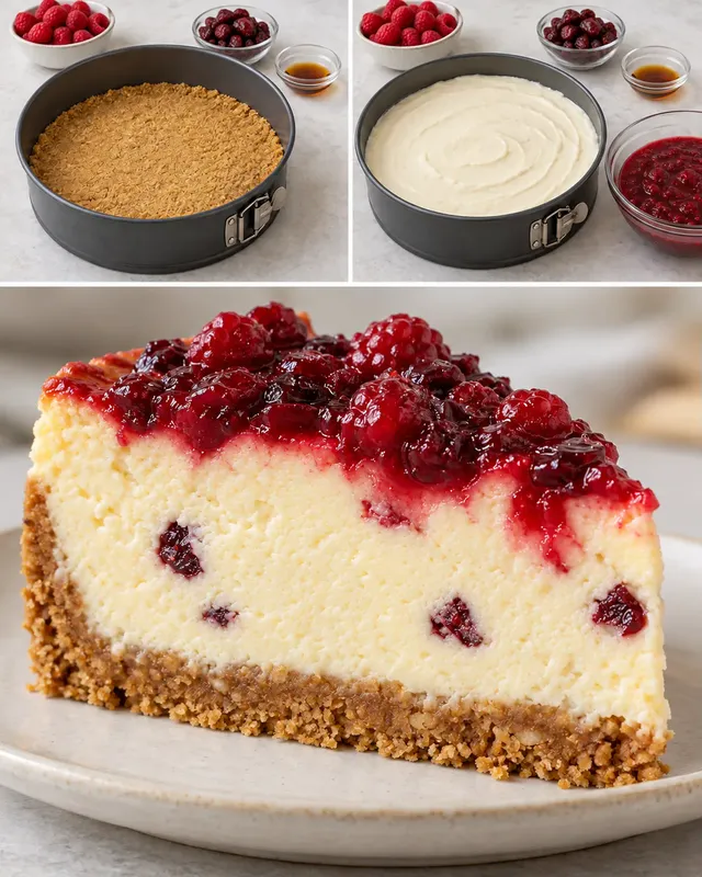 Sült sajttorta málnával és vaníliával — vörös áfonya