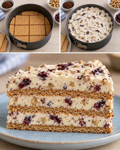 Sütés nélküli keksztorta kávéval és dióval — vörös áfonya