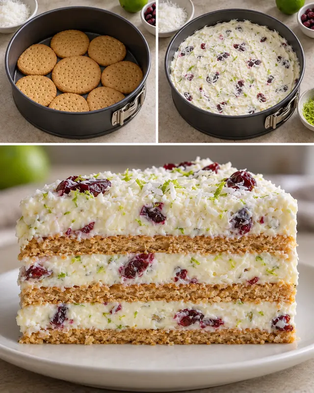 Sütés nélküli keksztorta kókusszal és lime-mal — vörös áfonya