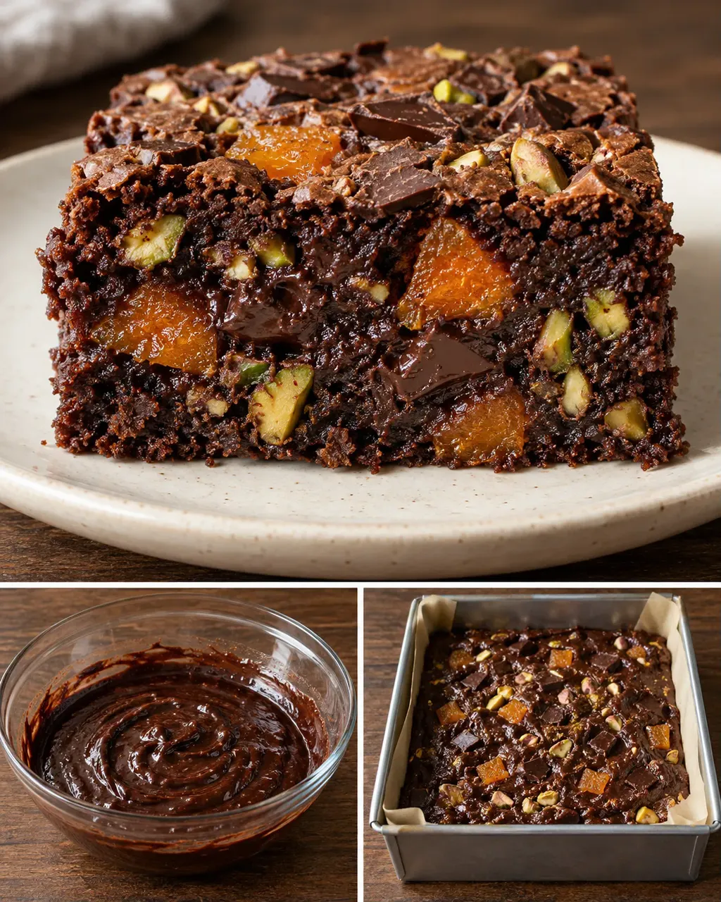 Brownie sárgabarackkal és pisztáciával — étcsokoládé