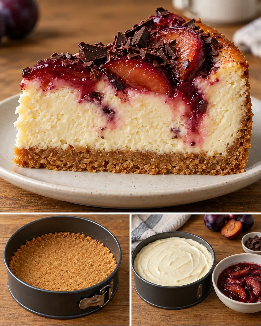 Sült sajttorta szilvával és vaníliával — étcsokoládé