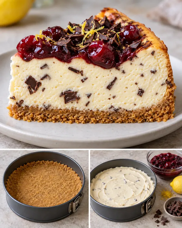 Sült sajttorta meggyel és citrommal — étcsokoládé