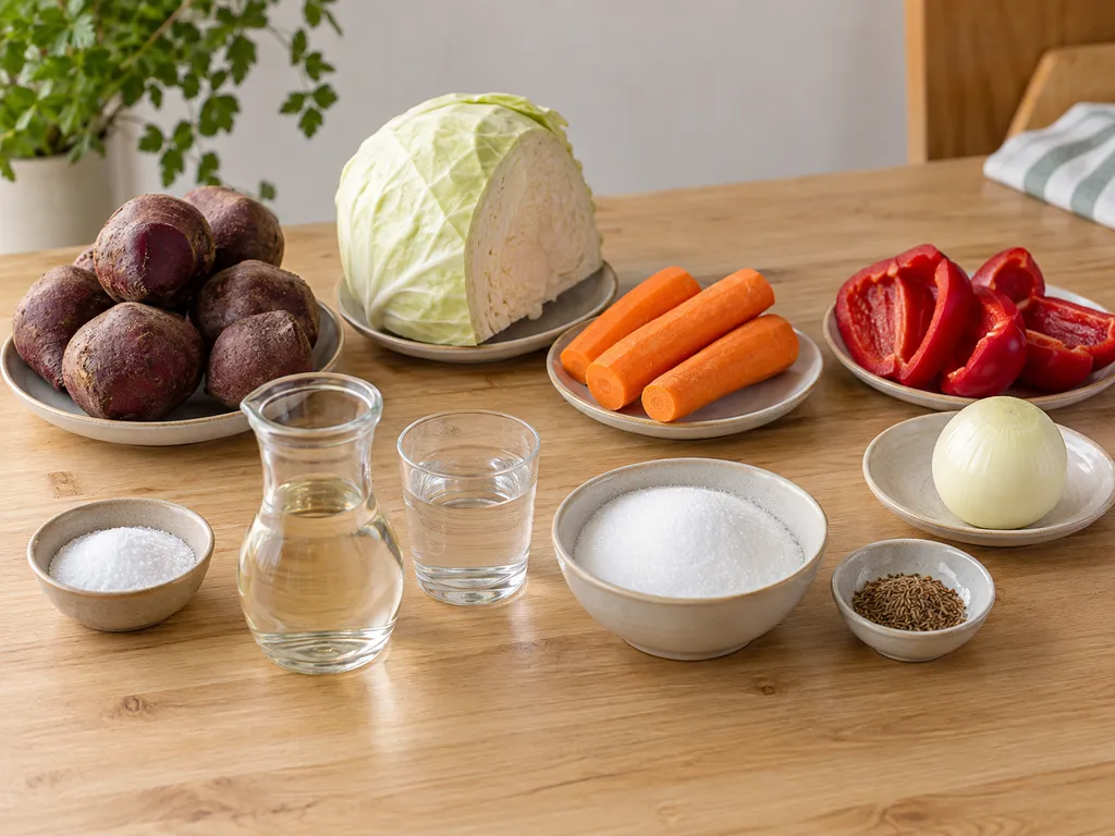 Cékla, káposzta, répa, paprika, hagyma és a savanyítólé hozzávalói
