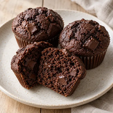 Csupa csoki muffin étcsokoládé-darabokkal és puha kakaós belsővel