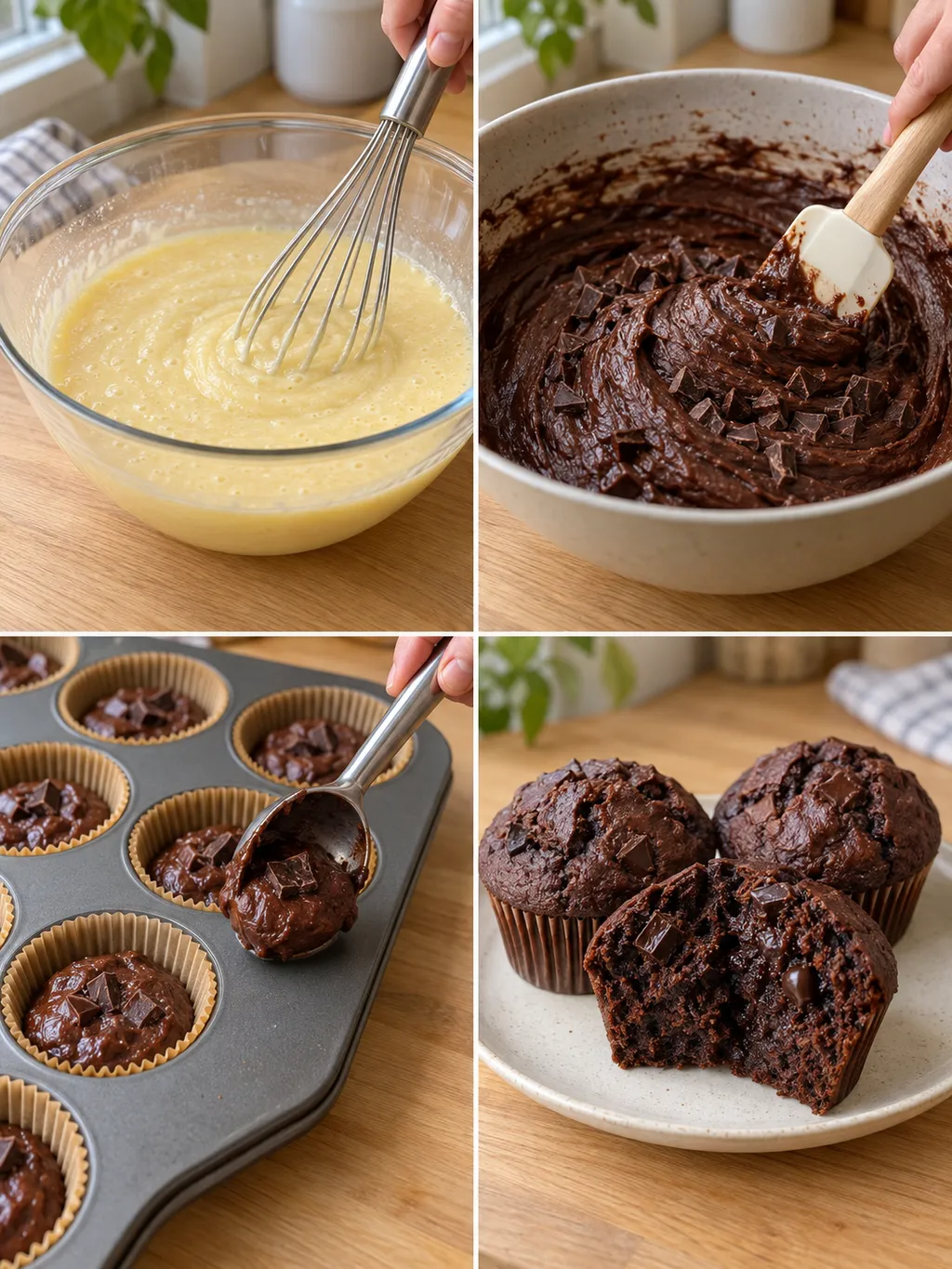 Csokis muffin készítése a keveréstől az adagoláson át a megsült süteményig