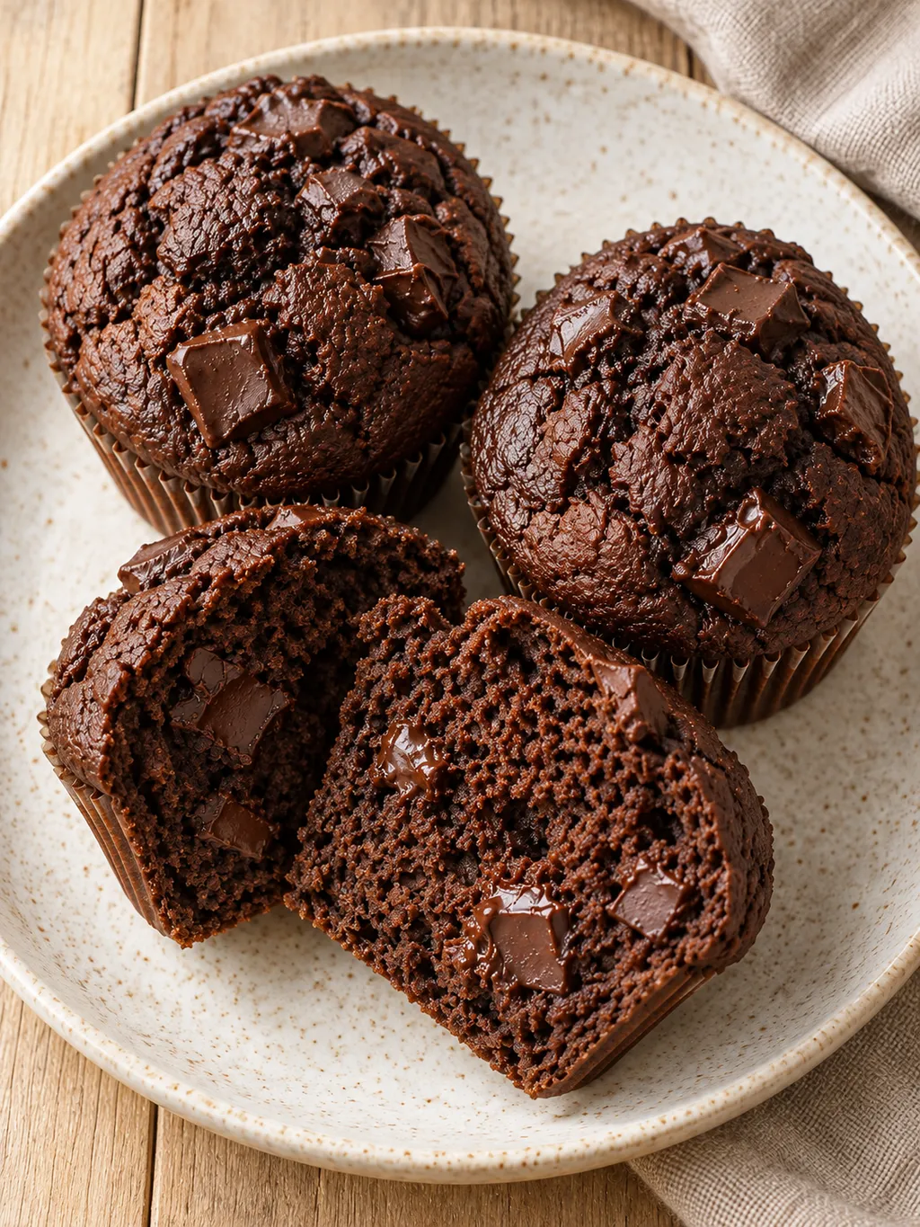 Kakaós muffinok csokidarabokkal és egy kettévágott darab a tányéron