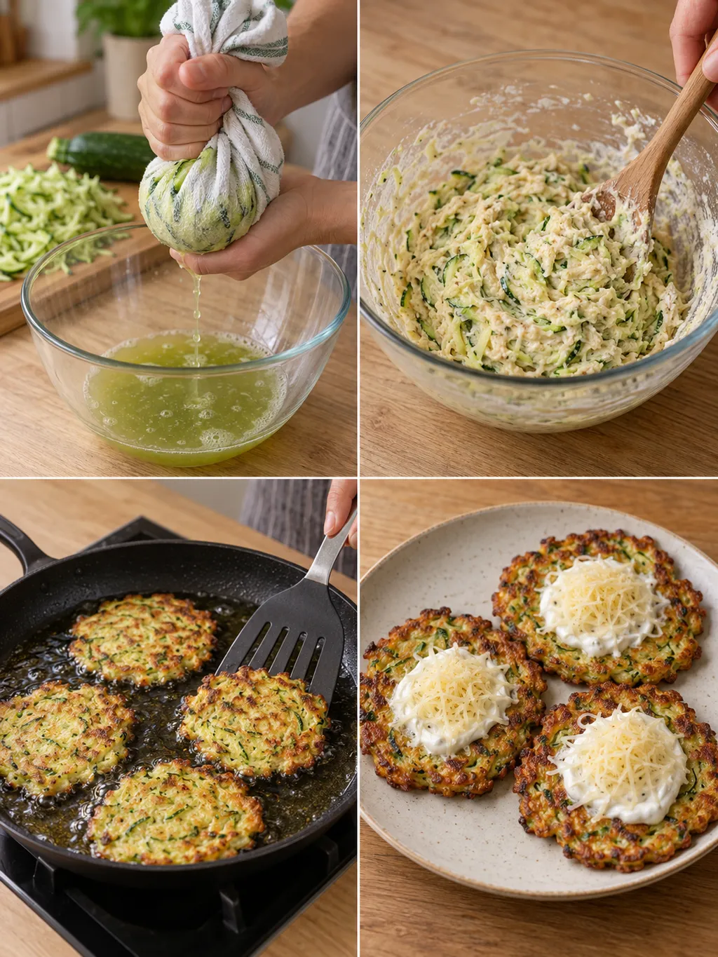 A cukkini kifacsarása, a massza keverése, a sütés és a tejfölös kész lángos