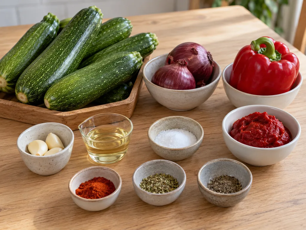Cukkini, hagyma, paprika, fokhagyma, paradicsompüré, olaj és fűszerek
