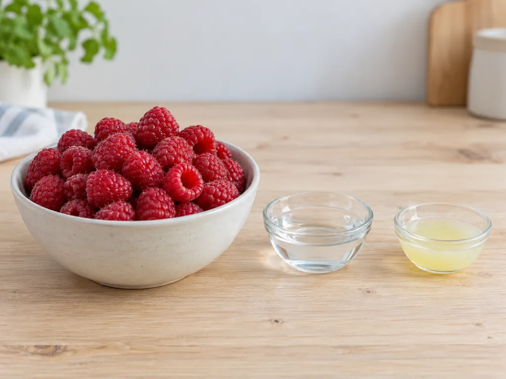 Friss málna, víz és citromlé külön edényekben a málnalekvárhoz