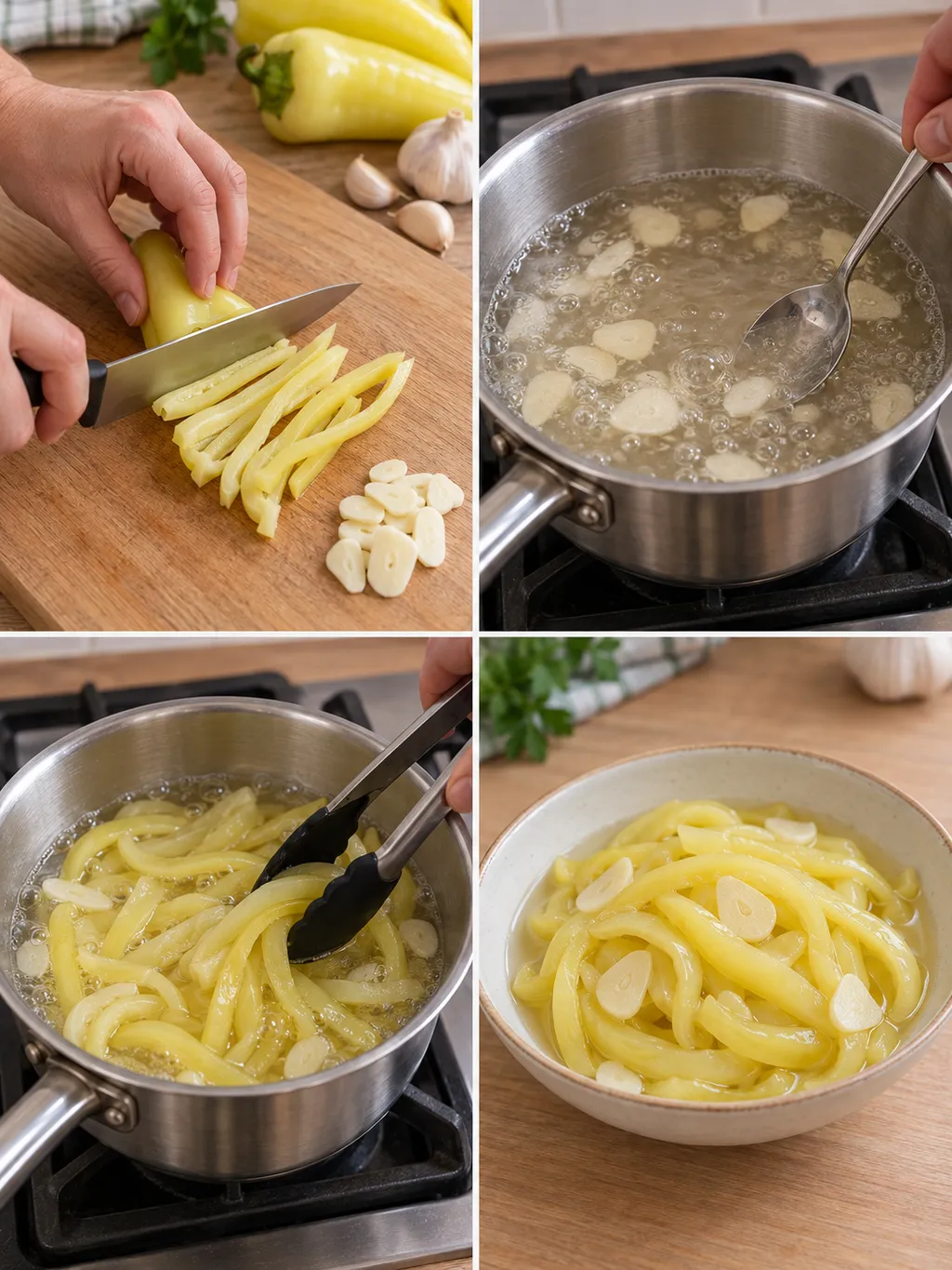 Paprika csíkozása, ecetes lé készítése, rövid főzés és a kész savanyúság