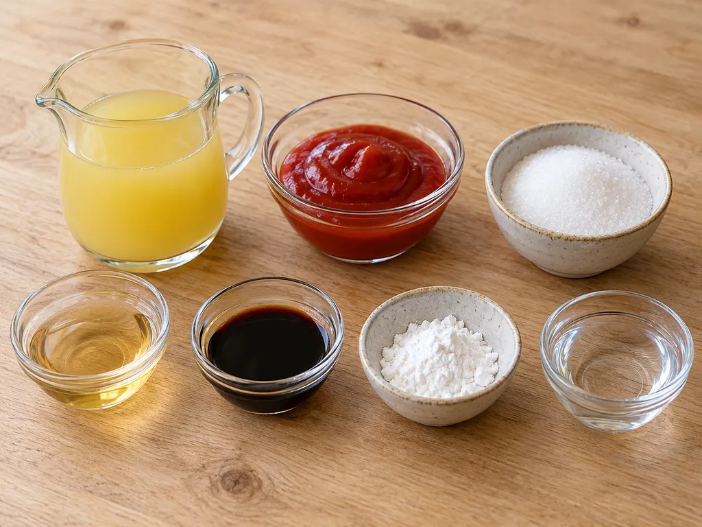Ananászlé, ketchup, cukor, almaecet, szójaszósz, keményítő és víz külön edényekben