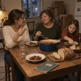 Dóra, Ilona és Lili a régi konyhaasztalnál ebédel; Dóra egy darab pörköltszaftos kenyeret tart a kezében.