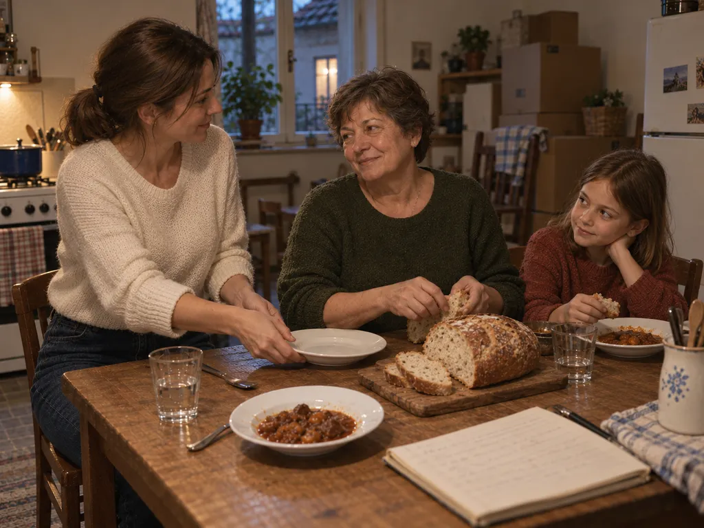 Dóra a saját lakásában kistányért tesz Ilona elé, miközben Lili pörköltszaftos kenyeret eszik mellettük.