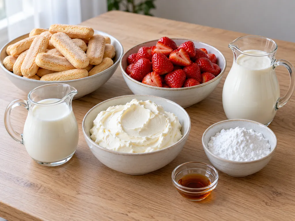 Babapiskóta, eper, mascarpone, tejszín, tej, porcukor és vanília külön edényekben