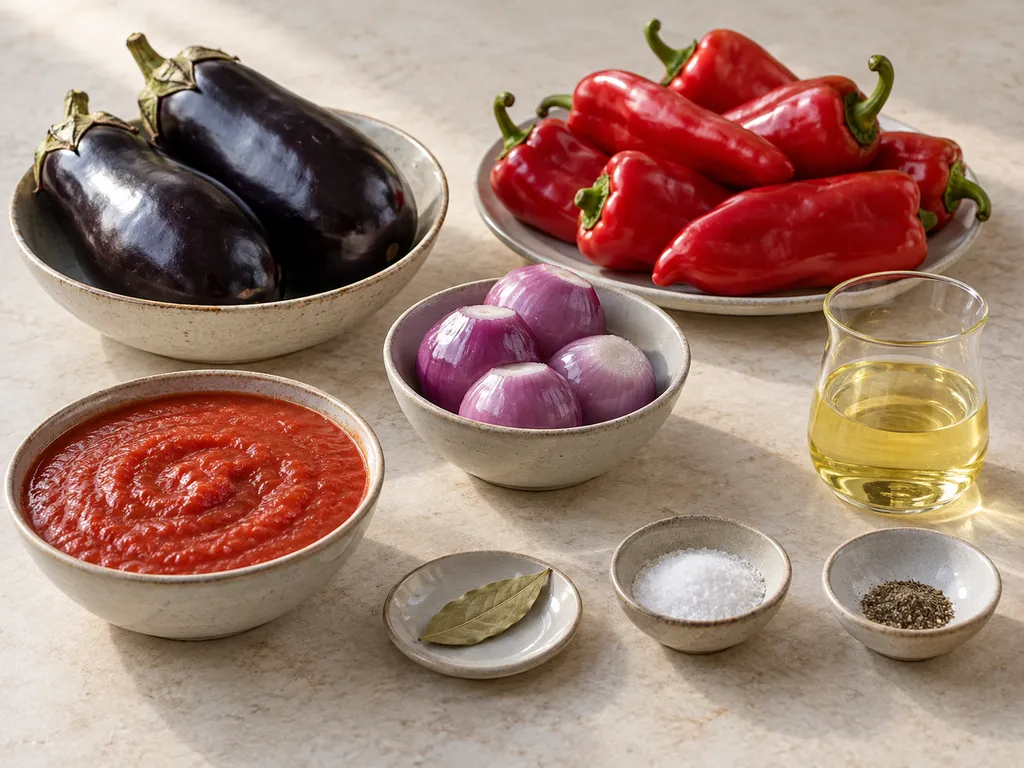 Padlizsán, kápia paprika, hagyma, olaj, paradicsom és fűszerek a zakuszkához