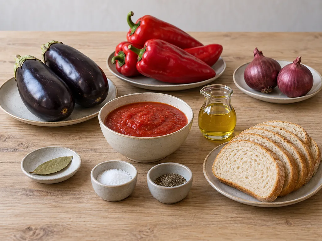 Padlizsán, kápia, hagyma, paradicsom, olaj, fűszerek és kenyér a zakuszkához