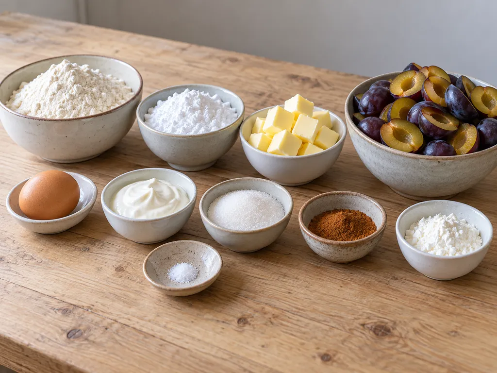Szilva, liszt, vaj, tojás, tejföl, cukrok, fahéj, keményítő és só külön edényekben