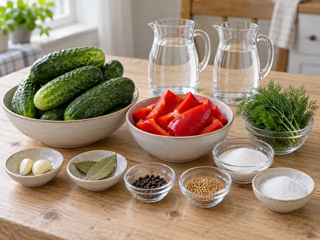 Uborka, paprika, kapor, fokhagyma, ecet és a felöntőlé többi alapanyaga