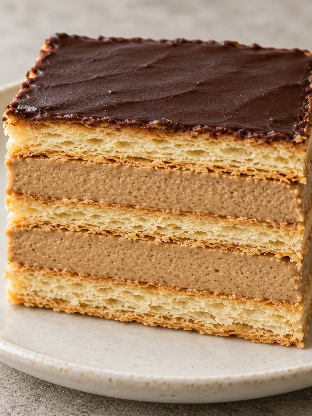 Filléres szelet négy puha tésztalappal, kávékrémmel és étcsokoládé-bevonattal
