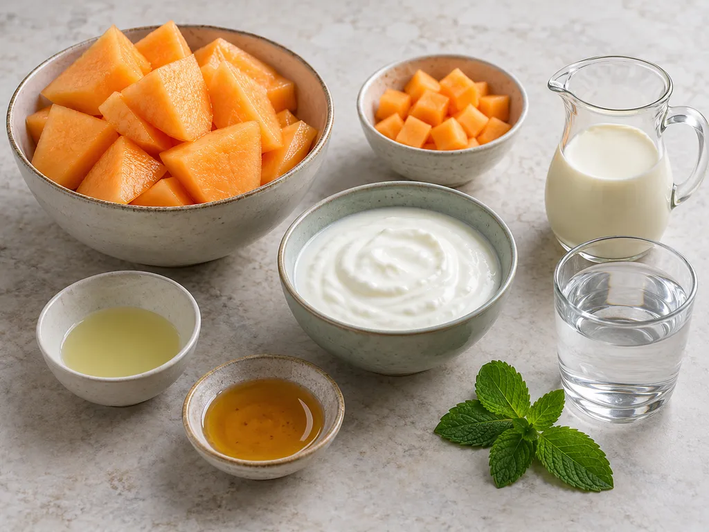 Sárgadinnye, joghurt, tejszín, citromlé, méz, víz és menta a hideg leveshez