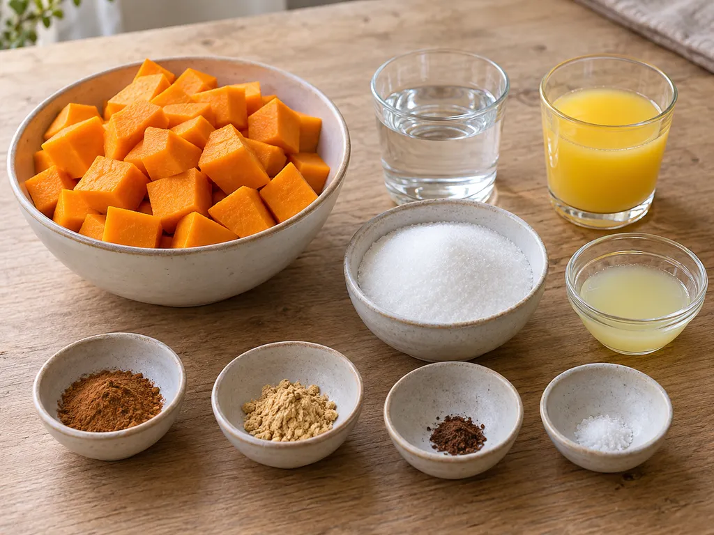 Sütőtökkockák, citruslevek, cukor és őrölt fűszerek külön edényekben