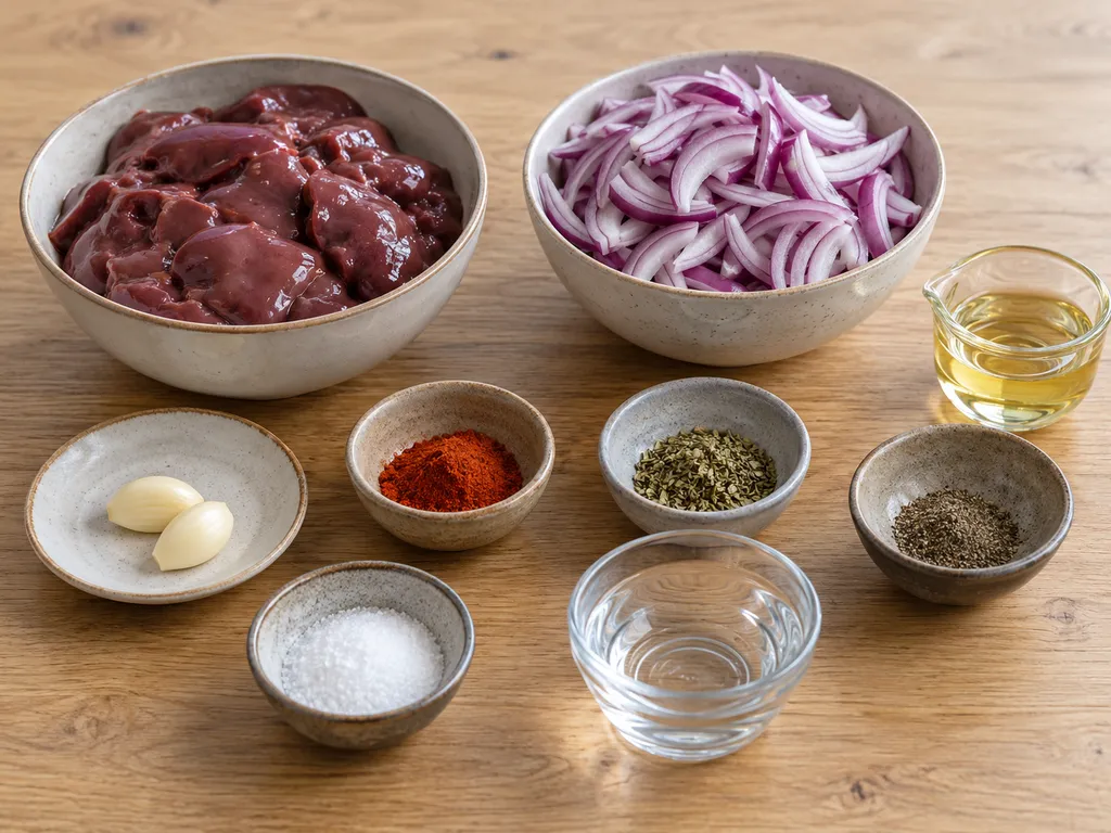 Csirkemáj, vöröshagyma, olaj, fokhagyma és fűszerek külön tálakban