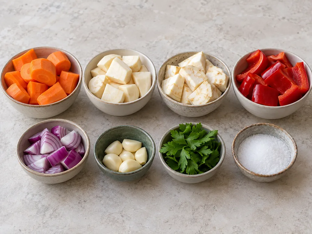 Sárgarépa, petrezselyemgyökér, zeller, paprika, hagymák, petrezselyem és só külön tálakban