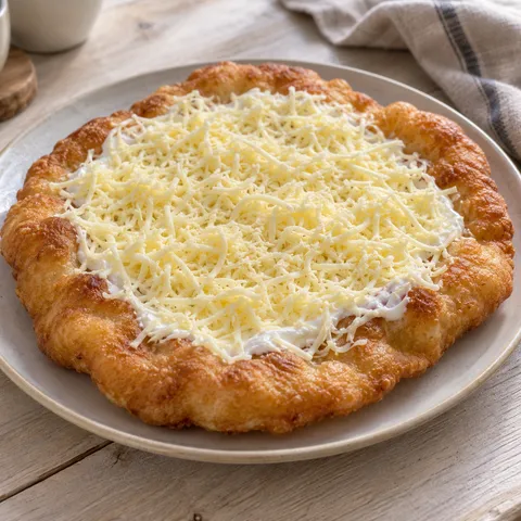Aranybarna házi lángos fokhagymás tejföllel és reszelt trappista sajttal