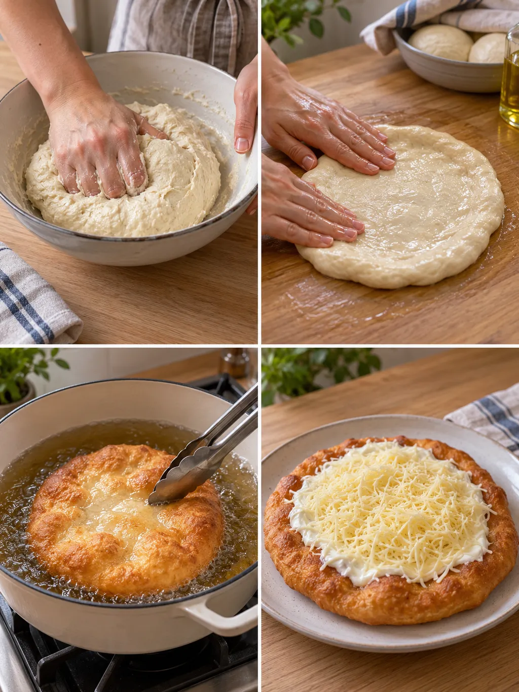 Lángostészta dagasztása, formázása, sütése és a kész sajtos-tejfölös lángos