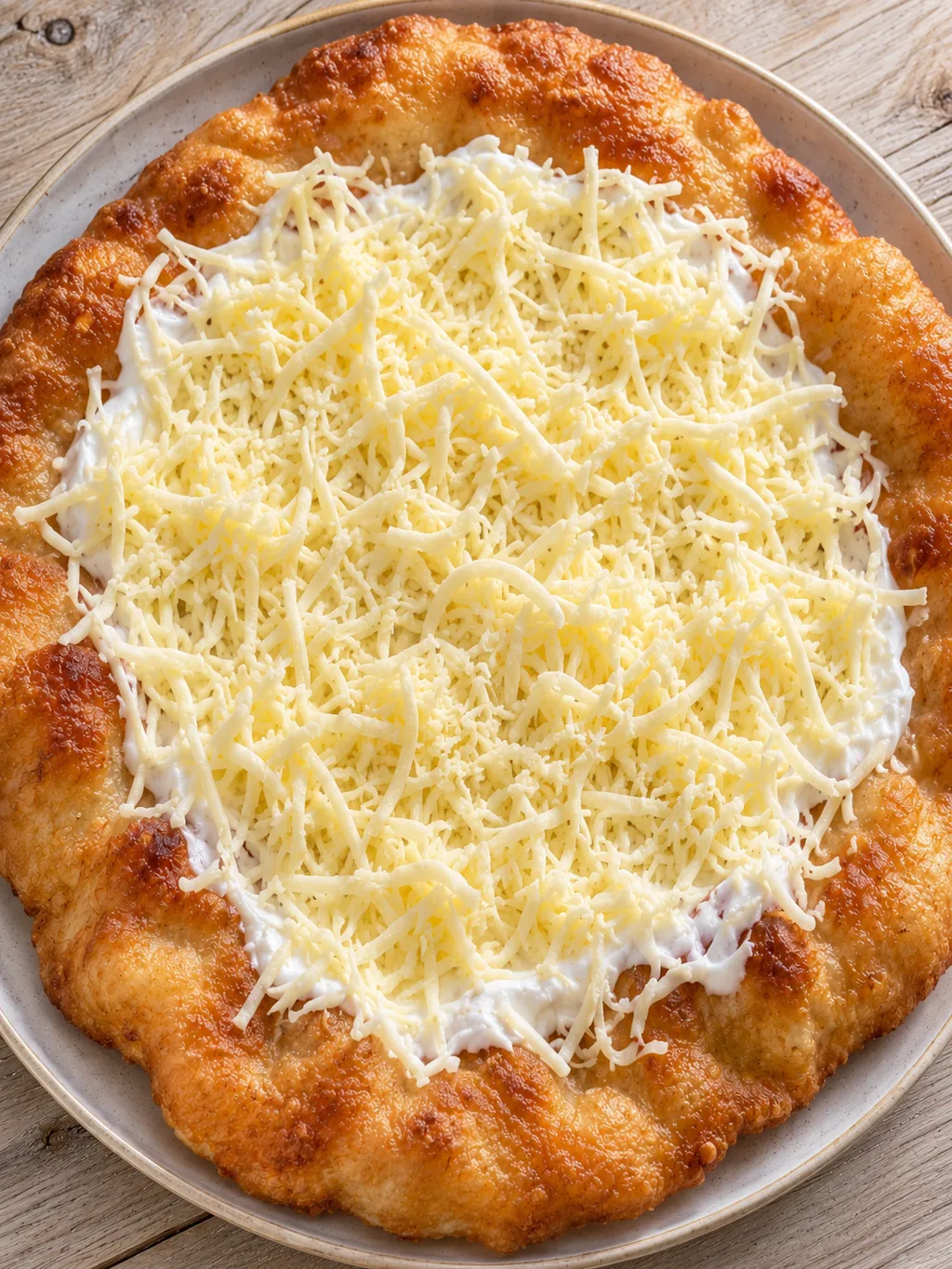 Sajtos-tejfölös házi lángos hólyagos, aranybarna peremmel