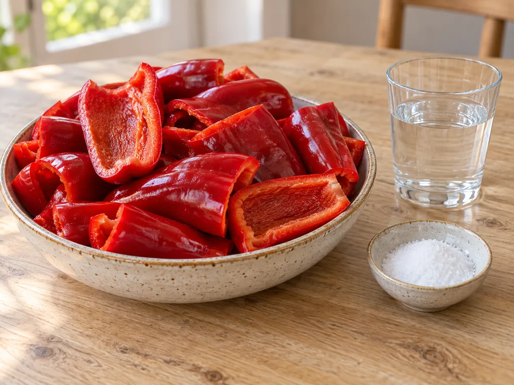 Tisztított piros kápia paprika, víz és só a házi paprikakrémhez