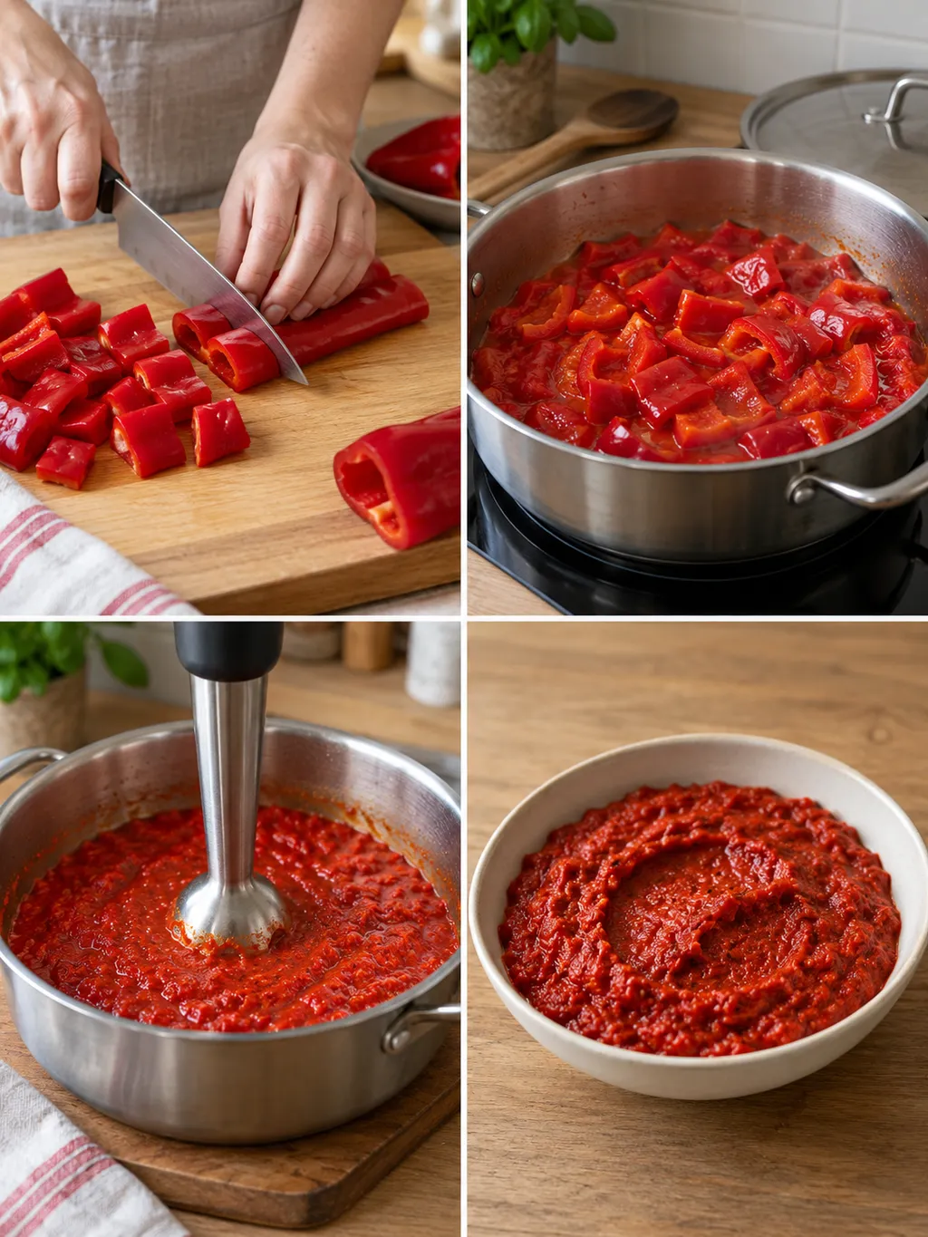 Paprika darabolása, főzése, pürésítése és az elkészült piros paprikakrém