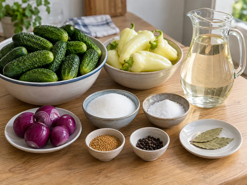 Uborka, paprika, hagyma, ecet, cukor, só és egész fűszerek savanyúsághoz
