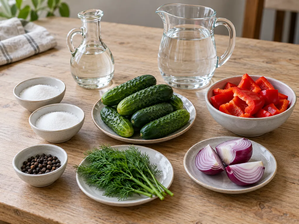 Ecet, víz, cukor, só, uborka, paprika, hagyma, kapor és egész bors