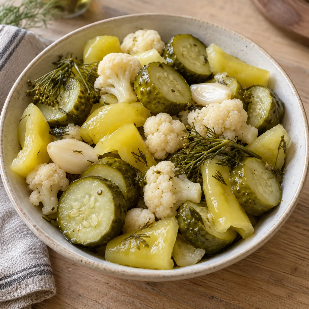 Vegyes savanyúság uborkakarikákkal, almapaprikával és karfiollal egy kerámiatálban